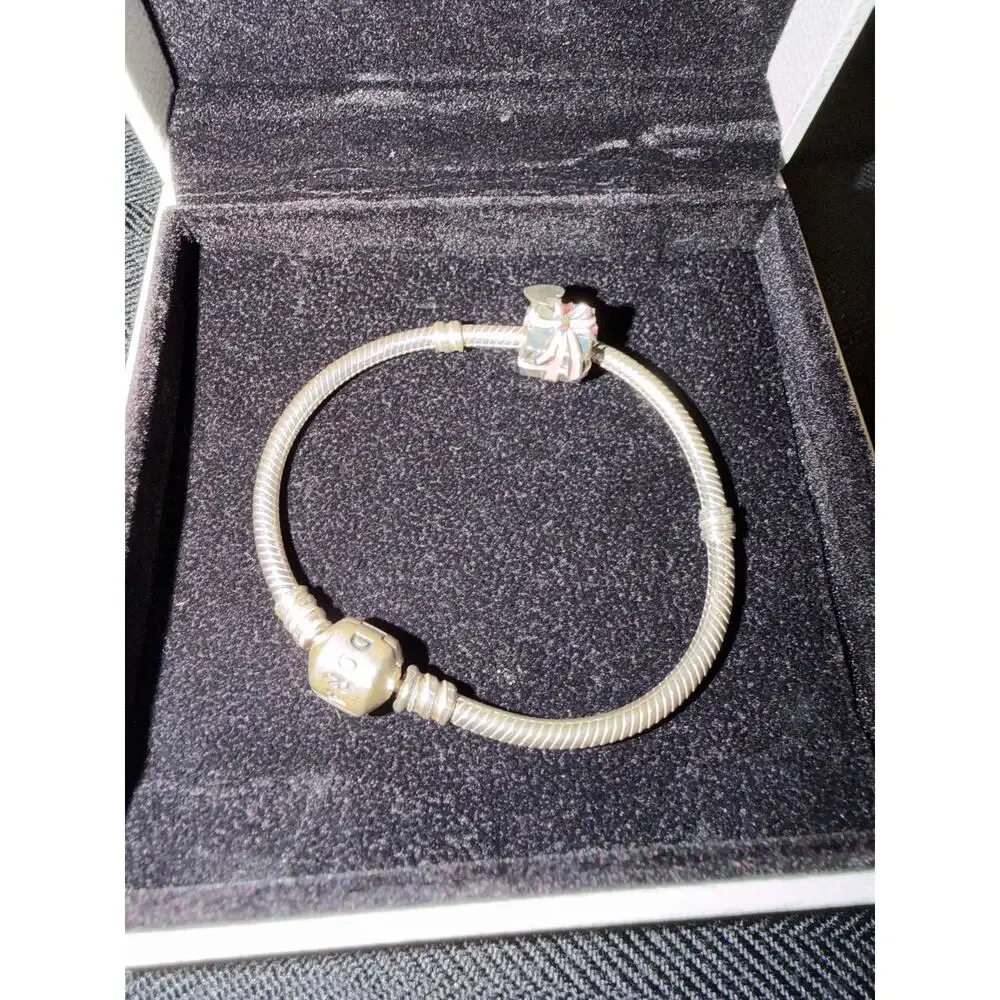 Pandora Sterling Silver Pink Enamel Present Gift Charm Bracelet + Box